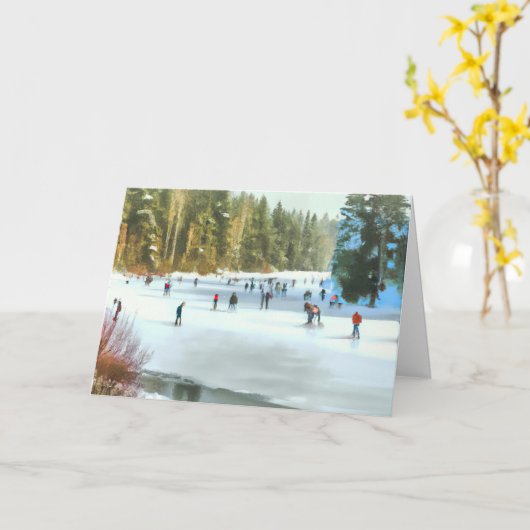 池の水彩冬の風景を楽しめるアイススケーター カード (黄色い花)