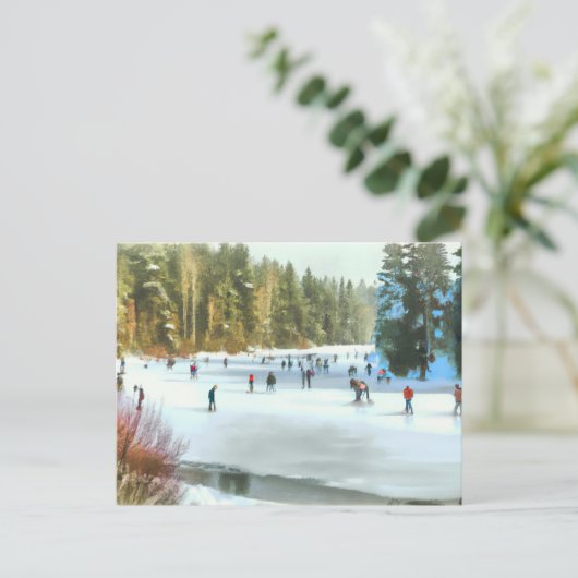 池の水彩冬の風景を楽しめるアイススケーター ポストカード (スタンド正面)