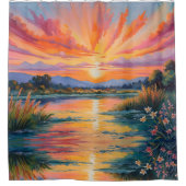 池の水色での日の出 シャワーカーテン (正面)