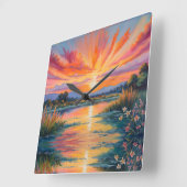 池の水色での日の出 スクエア壁時計 (傾斜)