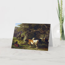 池の羊飼いと牛の群れ