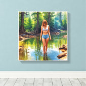 池の美しい女の子の油絵を描色 キャンバスプリント (インサイチュ (ウッドフロア))