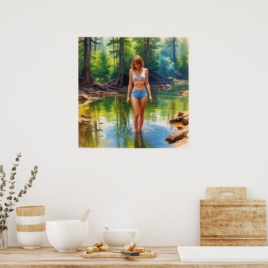 池の美しい女の子の油絵を描色 ポスター (キッチン)