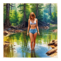 池の美しい女の子の油絵を描色