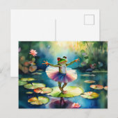 池の蓮の葉に乗ったカエルのバレリーナ踊り シーズンポストカード (正面/裏面)