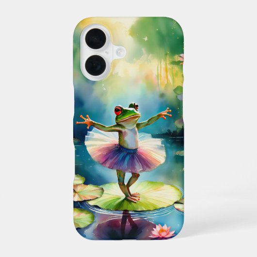 池の蓮の葉に乗ったカエルのバレリーナ踊り iPhone 16ケース (裏面)