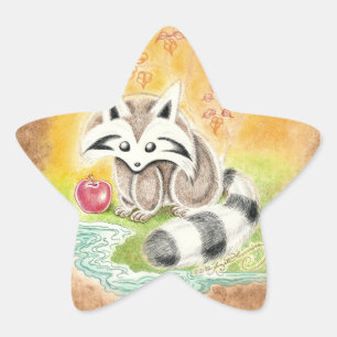 池の近くの赤いりんごを持つかわいいアライグマ 星シール