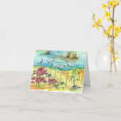 池の鳥の水彩画の自然の芸術のブランク カード (黄色い花)