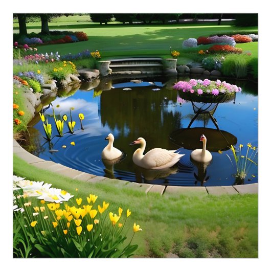 池の鵞鳥に花と草を フォトプリント            (正面)