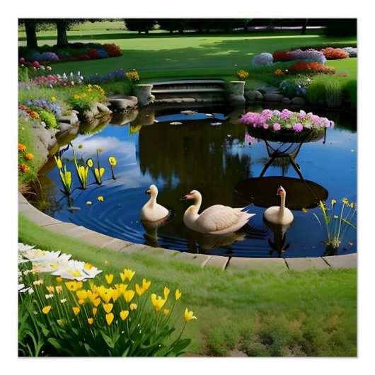 池の鵞鳥に花と草を ポスター (正面)