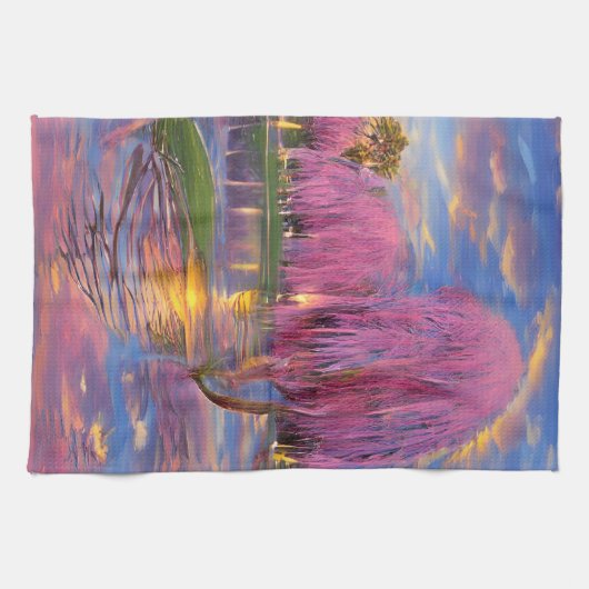 池ジグソープの横の夕暮れ時の桃色の柳 キッチンタオル (横)