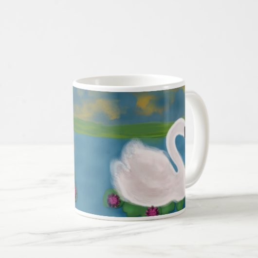 池パーソナライズされたに白鳥が沈む夕日 コーヒーマグカップ (正面右)