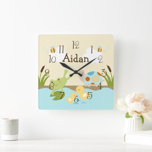 池パーソナライズされたのカエル/亀子供部屋時計 スクエア壁時計 (ホーム)