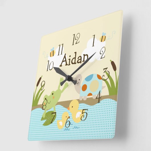 池パーソナライズされたのカエル/亀子供部屋時計 スクエア壁時計 (傾斜)