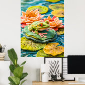 池感じの百合足に浮かぶカエルの緑 ポスター (ホームオフィス)