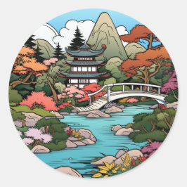 池畔の静寂: 寺と橋 ステッカー