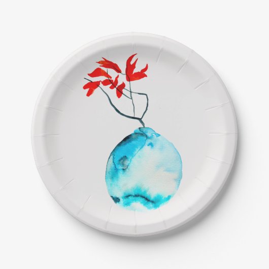 池花 水彩 青い花瓶 ペーパープレート (正面)