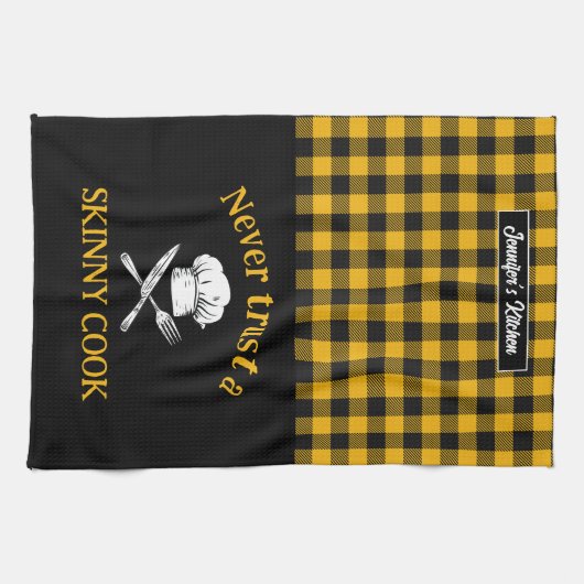 決しておもしろいスキニー調理師イエローブラックプレイドを信頼しない キッチンタオル (横)