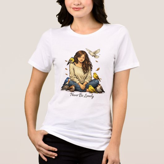 決して孤独になるな – 鳥に囲まれたかわいい女の子 | トライブレンドTシャツ (正面)