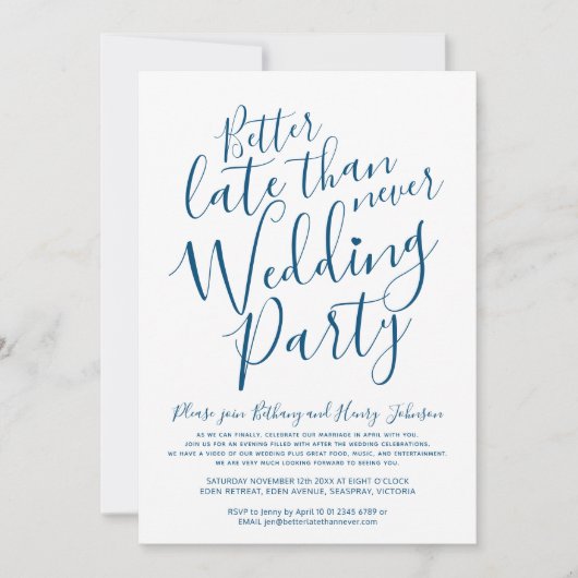 決して白い上で結婚式のパーティーの青よりも遅い方が良い 招待状 (正面)