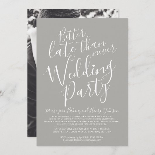 決して結婚式のパーティーの灰色より遅い方が良い 招待状 (正面/裏面)