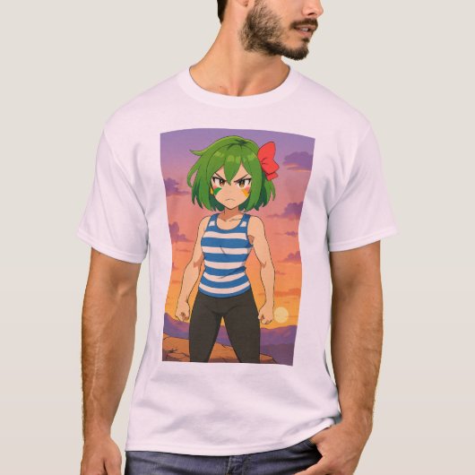 決意の夕日戦士 - アニメ女子アート Tシャツ (正面)