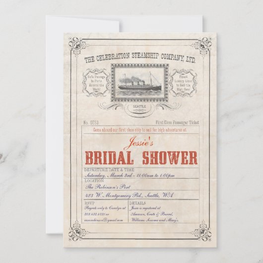 汽船の巡航のチケットの招待状のブライダルシャワー 招待状 (正面)