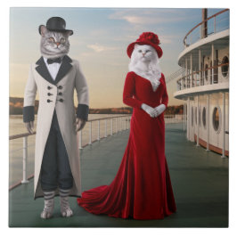 河川船猫装飾瓦 タイル