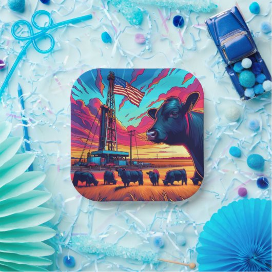 油ガスリグアットサンセットキャトルとアメリカ国旗2 ペーパープレート (パーティー)