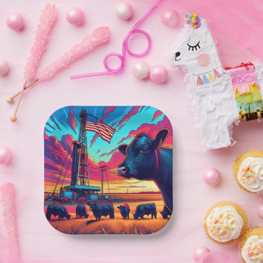 油ガスリグアットサンセットキャトルとアメリカ国旗2 ペーパープレート (パーティー)
