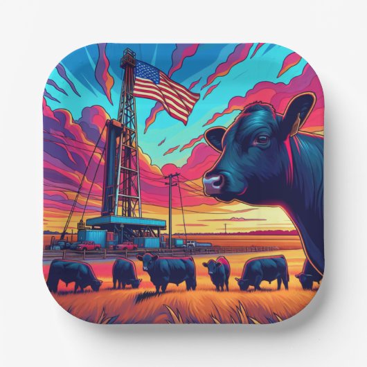 油ガスリグアットサンセットキャトルとアメリカ国旗2 ペーパープレート (正面)