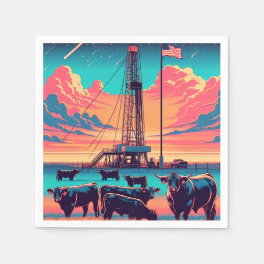 油ガスリグアットサンセットキャトルとアメリカ国旗 スタンダードカクテルナプキン (正面)