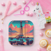 油ガスリグアットサンセットキャトルとアメリカ国旗 ペーパープレート (パーティー)