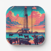 油ガスリグアットサンセットキャトルとアメリカ国旗 ペーパープレート (正面)