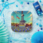 油ガスリグロングホーン牛とアメリカ国旗 ペーパープレート (パーティー)