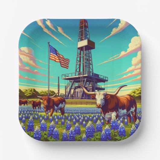 油ガスリグロングホーン牛とアメリカ国旗 ペーパープレート (正面)