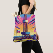 油ガス掘削シーン牛とフラグ トートバッグ (クローズアップ)