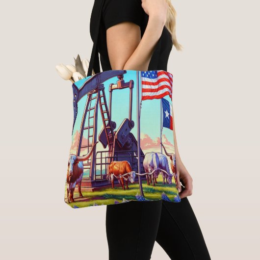 油ポンプとテキサス州のロングホーン牛 トートバッグ (クローズアップ)