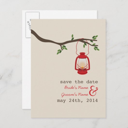 油ランプキャンプ/アウトドアウェディング日付を保存 案内ポストカード (正面/裏面)
