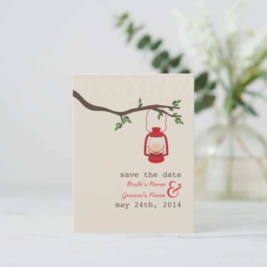 油ランプキャンプ/アウトドアウェディング日付を保存 案内ポストカード (スタンド正面)
