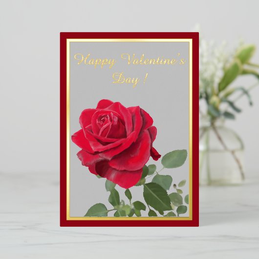 油彩で描かれた赤いバラ - ハッピーバレンタインデー 箔シーズンカード (立ち正面)
