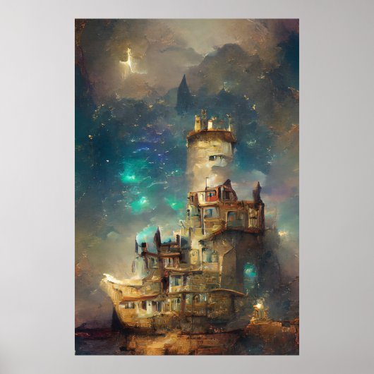 油彩画の城、星空の城、レトロ ポスター (正面)