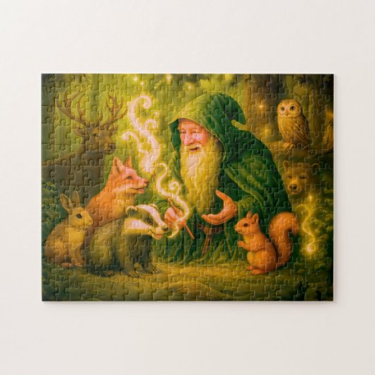 油絵の中の森の魔術師が動物たちと会話する ジグソーパズル (横)