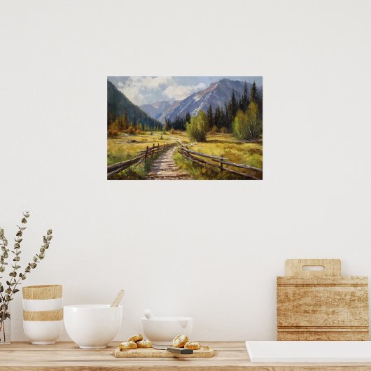 油絵の曲がりくねった道の森林の草地を西に広げる ポスター (キッチン)