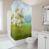 油絵の農村風景、畑の花 シャワーカーテン (インサイチュ)