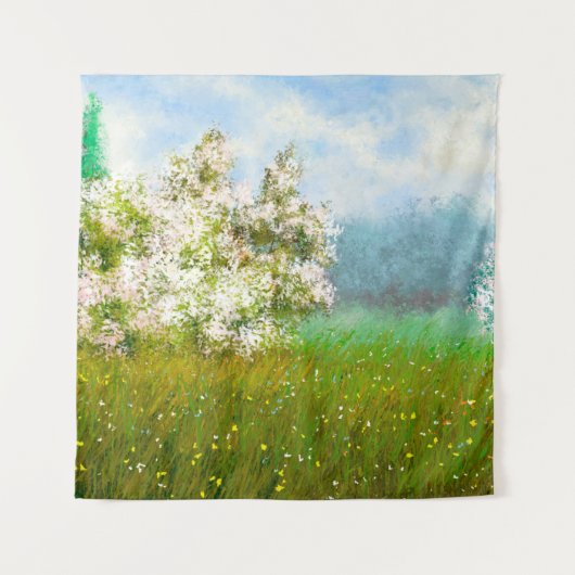 油絵の農村風景、畑の花 タペストリー (正面)