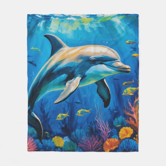 油絵イルカ フリースブランケット (正面)