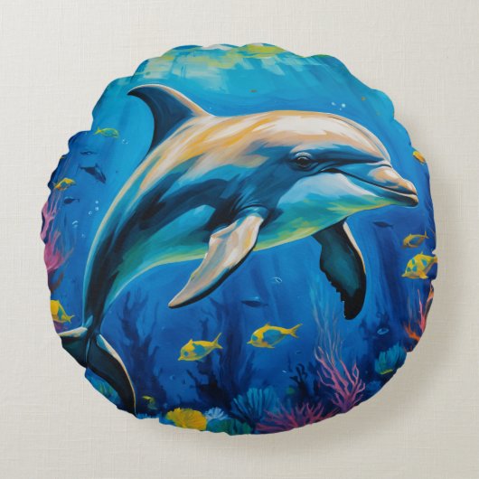 油絵イルカ ラウンドクッション (正面)