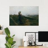 油絵若い女の子編み物風景風景 ポスター (ホームオフィス)