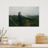 油絵若い女の子編み物風景風景 ポスター (キッチン)